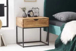 Industrial Nachttisch IRON CRAFT 45cm Mangoholz mit Schublade Beistelltisch