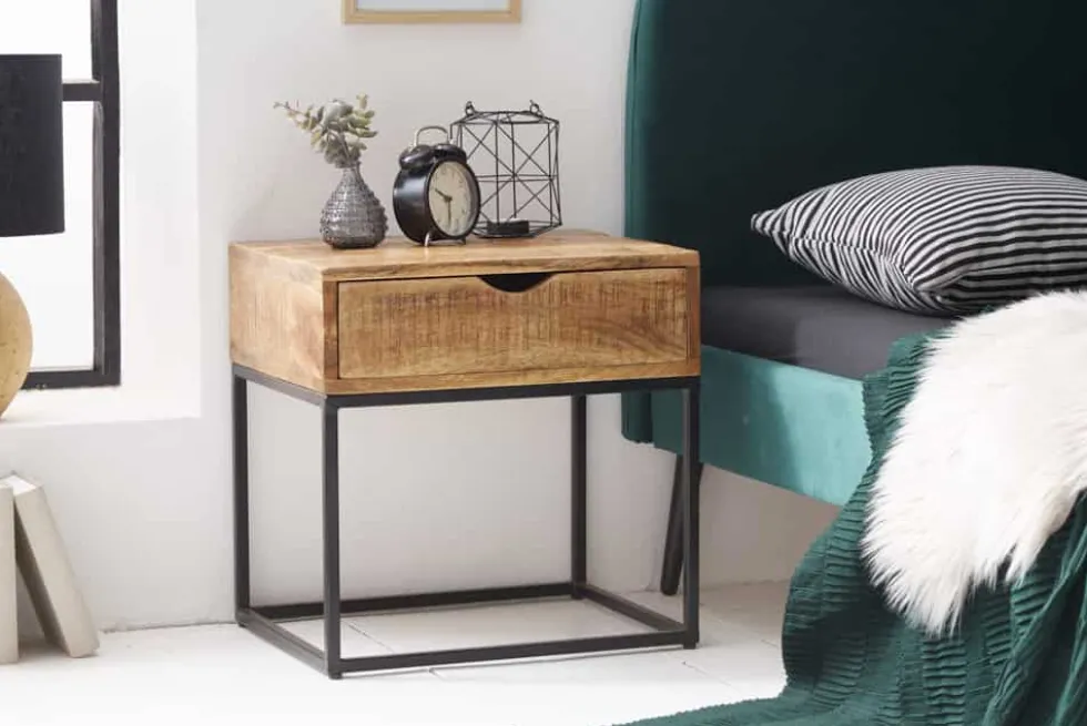 Industrial Nachttisch IRON CRAFT 45cm Mangoholz mit Schublade Beistelltisch