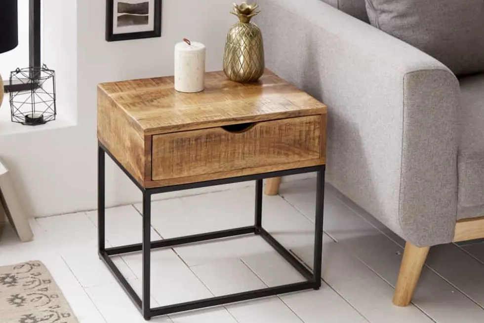 Industrial Nachttisch IRON CRAFT 45cm Mangoholz mit Schublade Beistelltisch