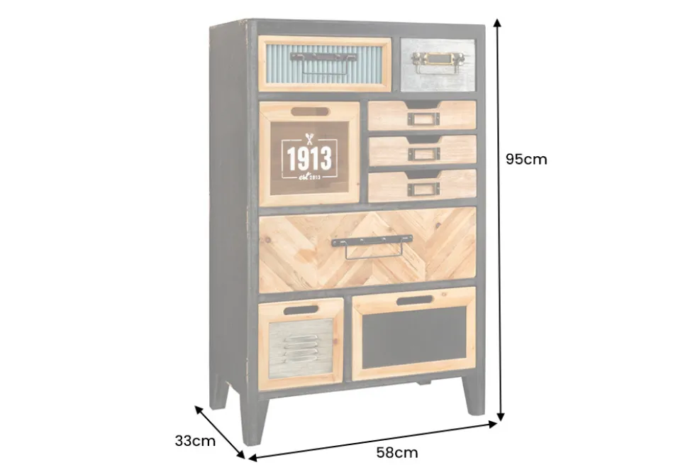 Industrial Schubladenschrank SECRETS 95cm natur braun schwarz Metall Pinienholz Kommode