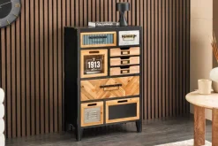 Industrial Schubladenschrank SECRETS 95cm natur braun schwarz Metall Pinienholz Kommode