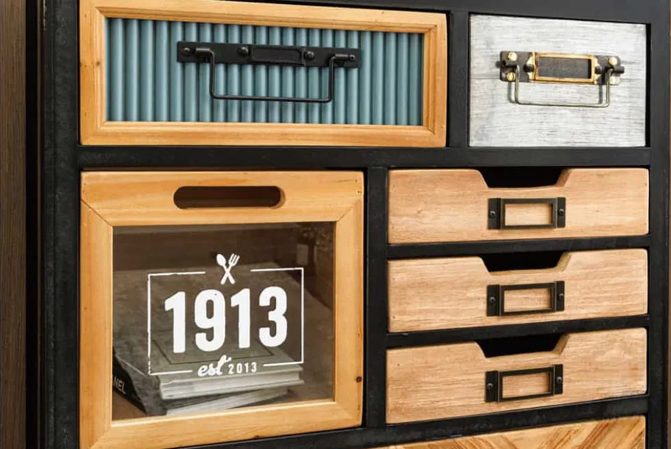 Industrial Schubladenschrank SECRETS 95cm natur braun schwarz Metall Pinienholz Kommode