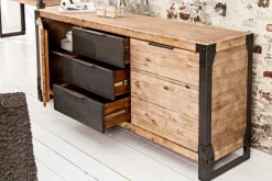 Industrial Sideboard FACTORY 180cm Akazie Massivholz weiß gekälkt Kommode mit Schubladen
