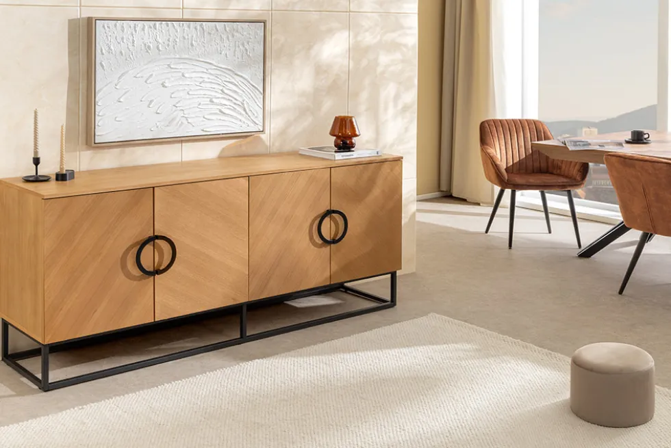 Industrial Sideboard GRANDEZZA 180cm natur Eiche schwarz Metall viel Stauraum