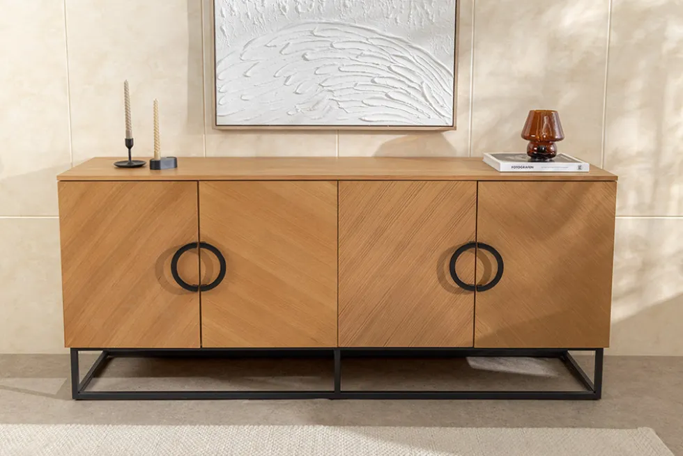 Industrial Sideboard GRANDEZZA 180cm natur Eiche schwarz Metall viel Stauraum