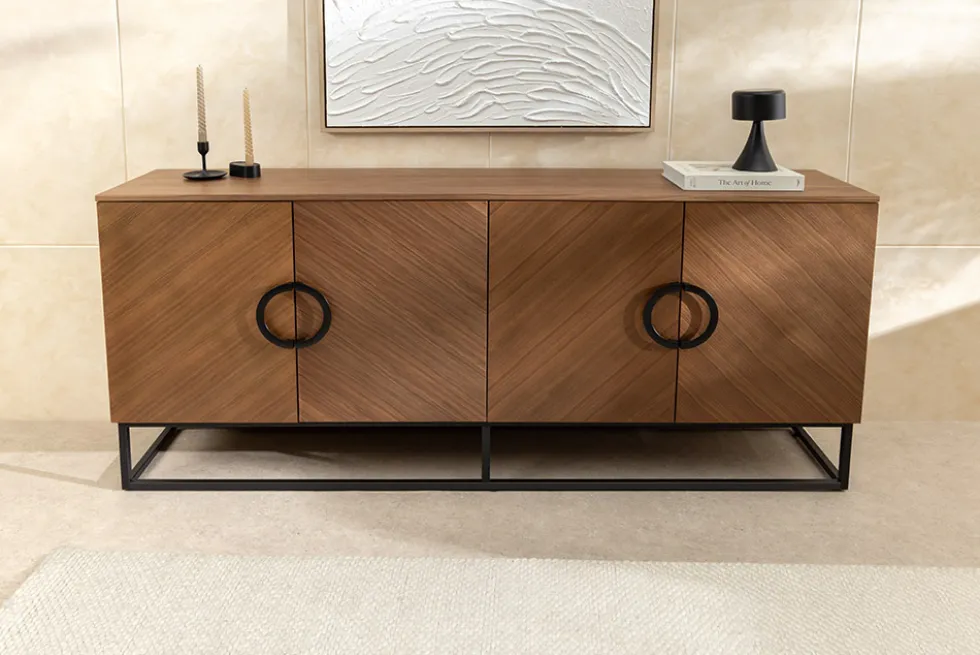 Industrial Sideboard GRANDEZZA 180cm natur Walnuss schwarz Metall viel Stauraum
