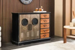 Industrial Sideboard NAUTILUS 105cm braun schwarz grau Pinienholz Metall Vintage-Look