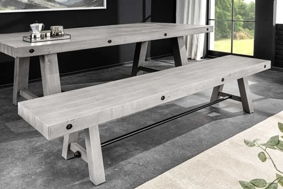 Industrial Sitzbank FINCA 165cm grau Pinie recyceltes Massivholz Eisen