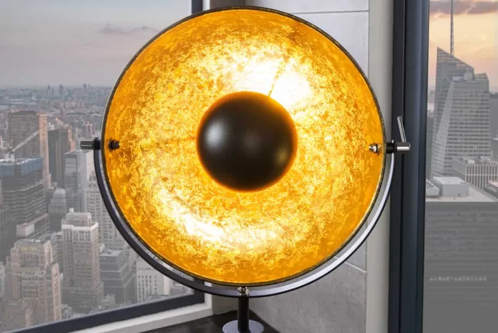 Industrial Stehlampe STUDIO 150cm schwarz Blattgold-Optik neigbarer Schirm