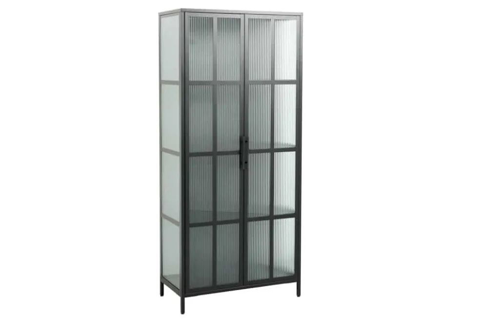 Industrial Vitrine DURA STEEL 180cm schwarz Metall Riffelglas Highboard