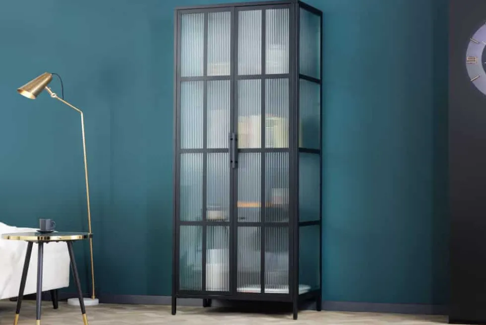 Industrial Vitrine DURA STEEL 180cm schwarz Metall Riffelglas Highboard