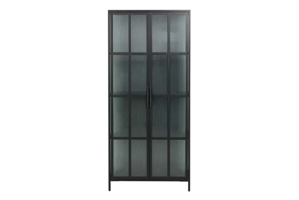 Industrial Vitrine DURA STEEL 180cm schwarz Metall Riffelglas Highboard