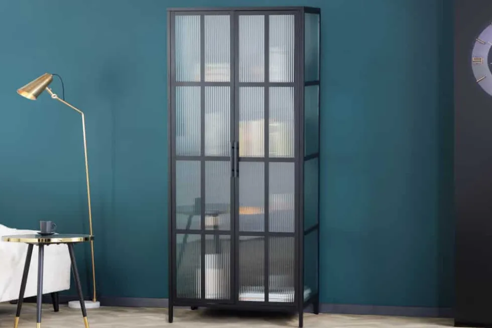 Industrial Vitrine DURA STEEL 180cm schwarz Metall Riffelglas Highboard