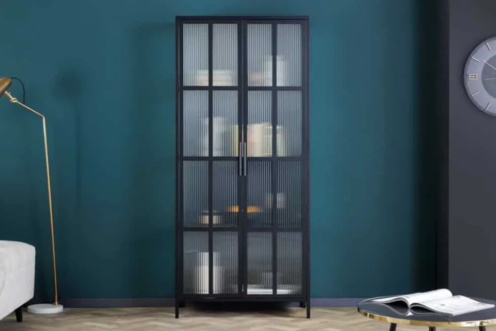 Industrial Vitrine DURA STEEL 180cm schwarz Metall Riffelglas Highboard