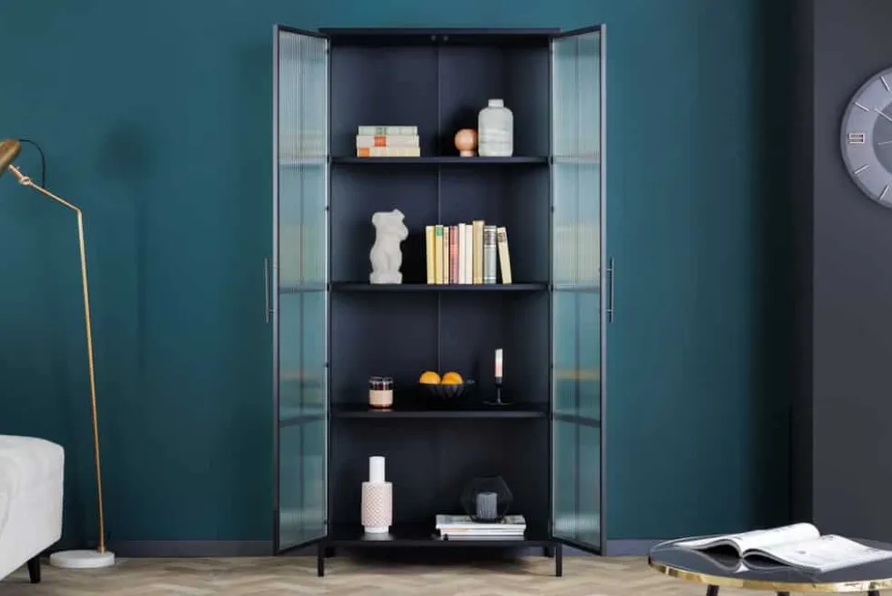Industrial Vitrine DURA STEEL 180cm schwarz Metall Riffelglas Highboard