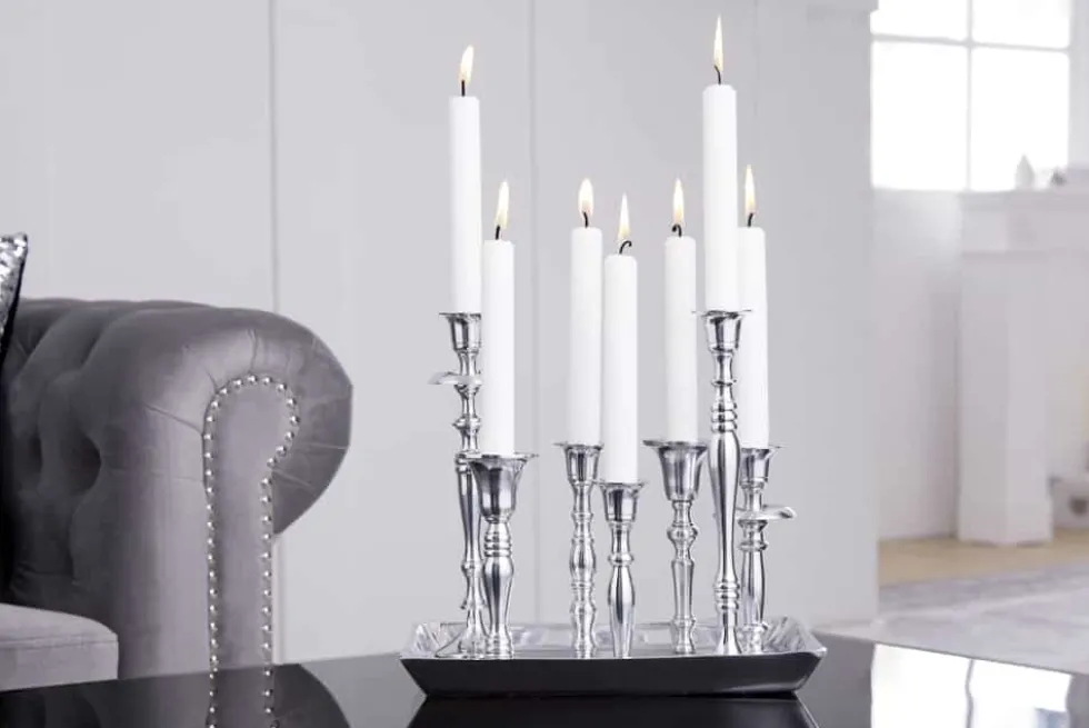 Kerzenständer MODERN BAROCK 30cm 7-flammig silber Aluminium poliert Kerzenhalter Deko-Platte