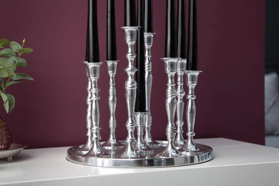 Kerzenständer MODERN BAROCK 30cm 9-flammig silber Aluminium poliert Kerzenhalter Deko-Platte