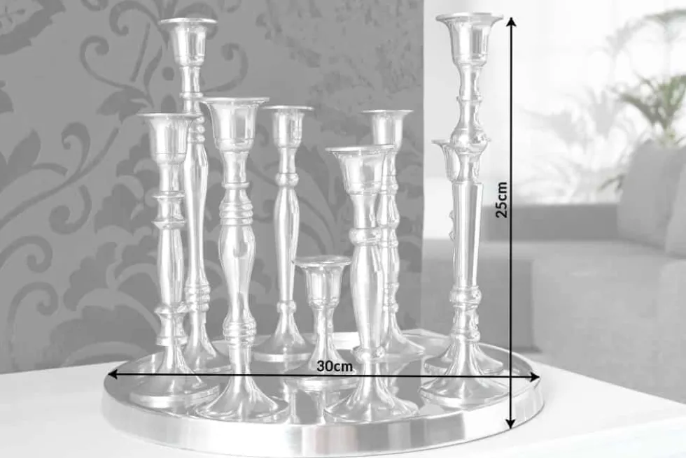 Kerzenständer MODERN BAROCK 30cm 9-flammig silber Aluminium poliert Kerzenhalter Deko-Platte