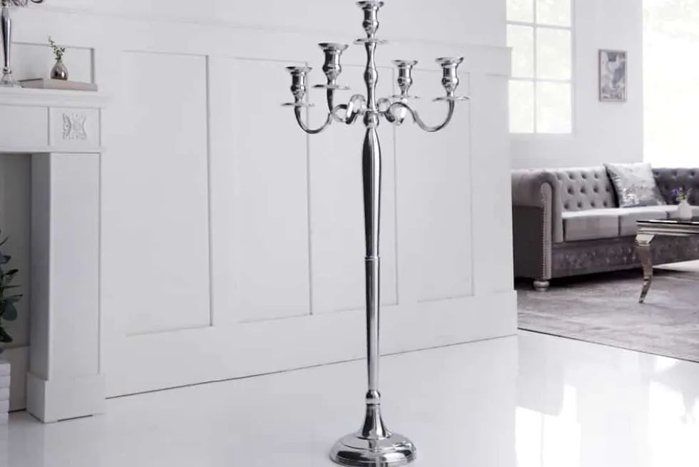 Kerzenständer MODERN BAROCK 120cm silber 5-armig Lüster Aluminium poliert Kerzenhalter