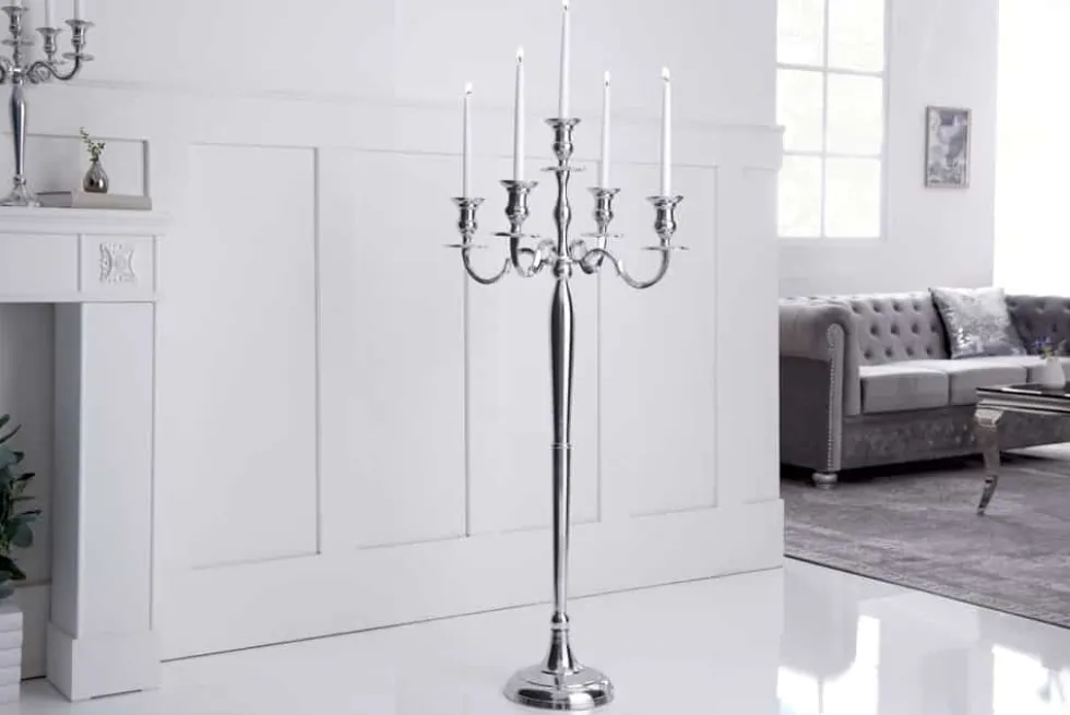 Kerzenständer MODERN BAROCK 120cm silber 5-armig Lüster Aluminium poliert Kerzenhalter