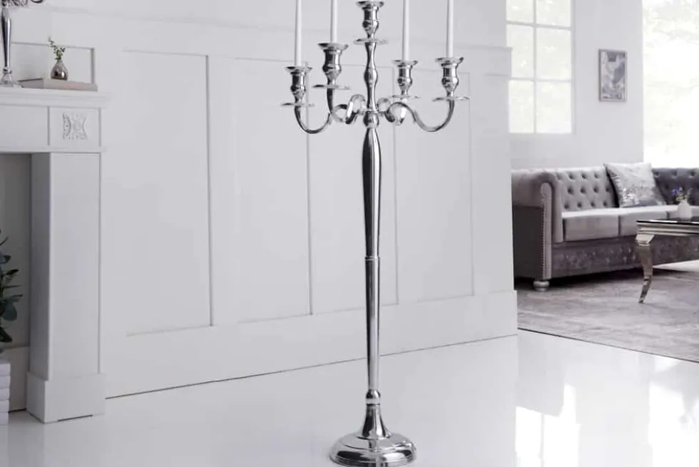 Kerzenständer MODERN BAROCK 120cm silber 5-armig Lüster Aluminium poliert Kerzenhalter