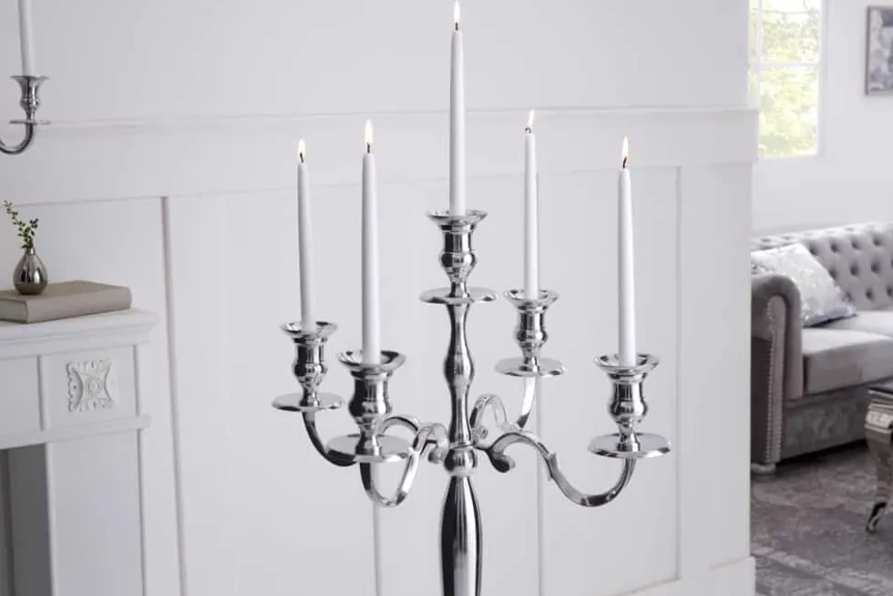 Kerzenständer MODERN BAROCK 120cm silber 5-armig Lüster Aluminium poliert Kerzenhalter