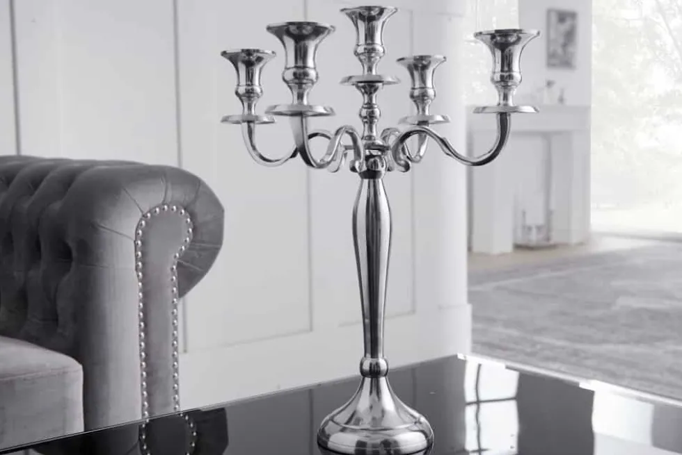Kerzenständer MODERN BAROCK 40cm silber 5-armig Lüster Aluminium poliert Kerzenhalter
