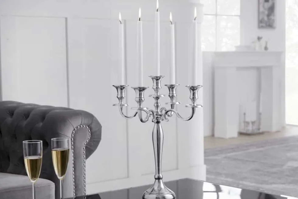 Kerzenständer MODERN BAROCK 40cm silber 5-armig Lüster Aluminium poliert Kerzenhalter