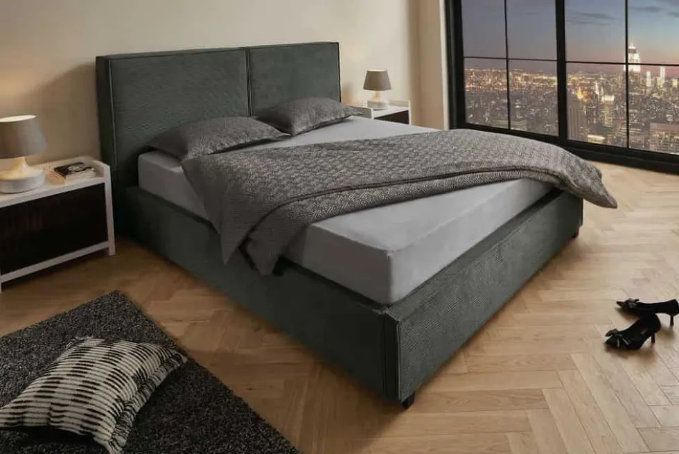 Komfortables Boxbett ROCCO 180x200cm dunkelgrau Cord mit Stauraum und Lattenrost