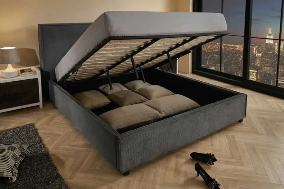 Komfortables Boxbett ROCCO 180x200cm dunkelgrau Cord mit Stauraum und Lattenrost
