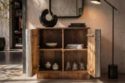 Kompaktes Sideboard ZALVERO 80cm natur silber Mangoholz mit Metall-Aluminium Front