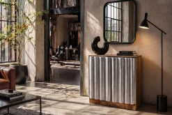 Kompaktes Sideboard ZALVERO 80cm natur silber Mangoholz mit Metall-Aluminium Front