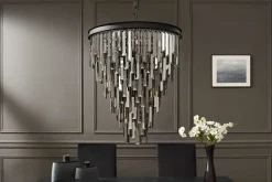 Luxus Kronleuchter KRISTALL 50cm grau mit Glasprismen schwarz Eisen Hängelampe