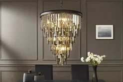 Luxus Kronleuchter KRISTALL 50cm grau mit Glasprismen schwarz Eisen Hängelampe