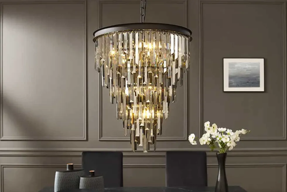 Luxus Kronleuchter KRISTALL 50cm grau mit Glasprismen schwarz Eisen Hängelampe