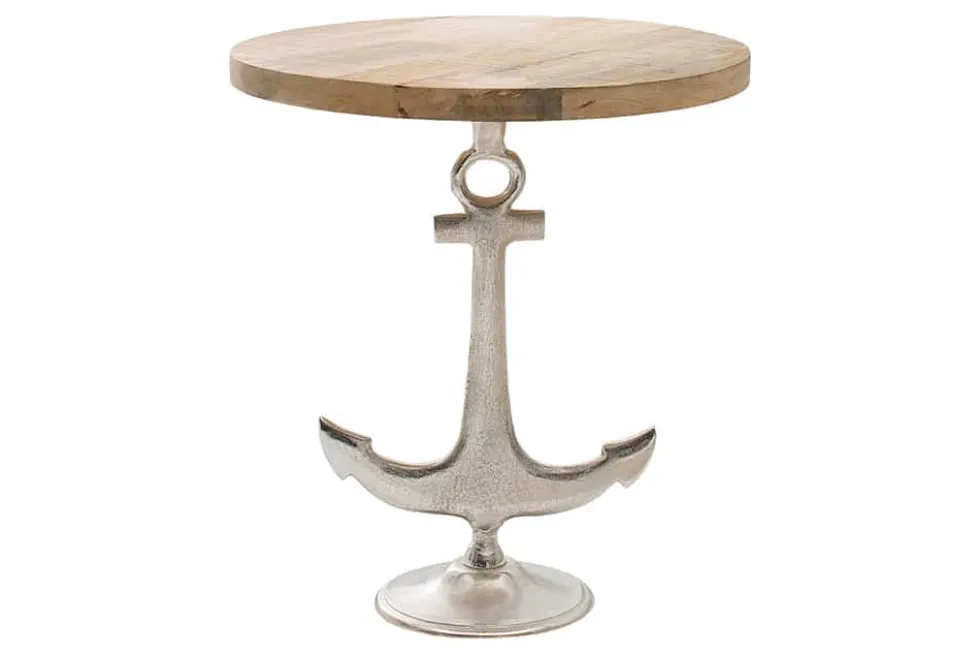 Maritimer Beistelltisch SEVEN SEAS 50cm silber Anker-Design rund Mangoholz Metall