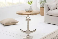 Maritimer Beistelltisch SEVEN SEAS 50cm silber Anker-Design rund Mangoholz Metall
