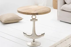 Maritimer Beistelltisch SEVEN SEAS 50cm silber Anker-Design rund Mangoholz Metall
