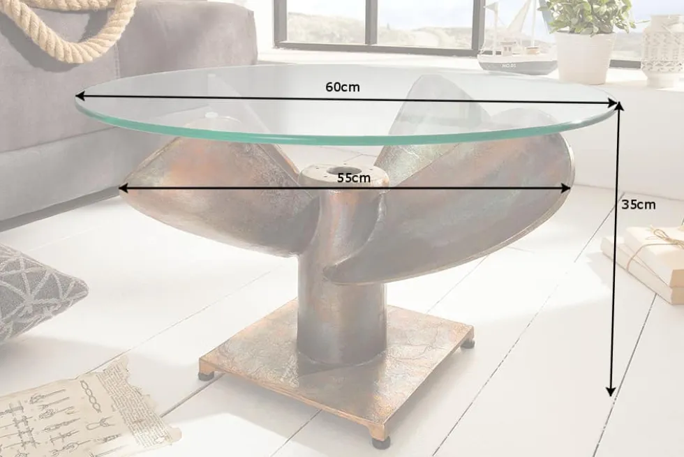 Maritimer Couchtisch OCEAN M 60cm kupfer geflammt rund Schiffsschraube Glasplatte