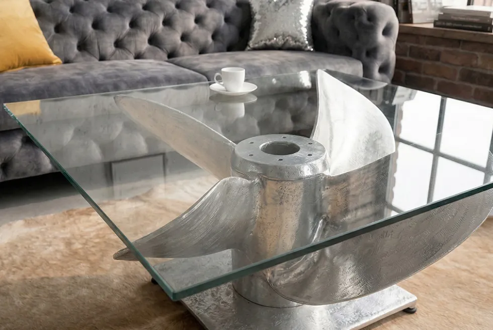 Maritimer Couchtisch OCEAN L 85cm silber antik Schiffsschraube mit Glasplatte