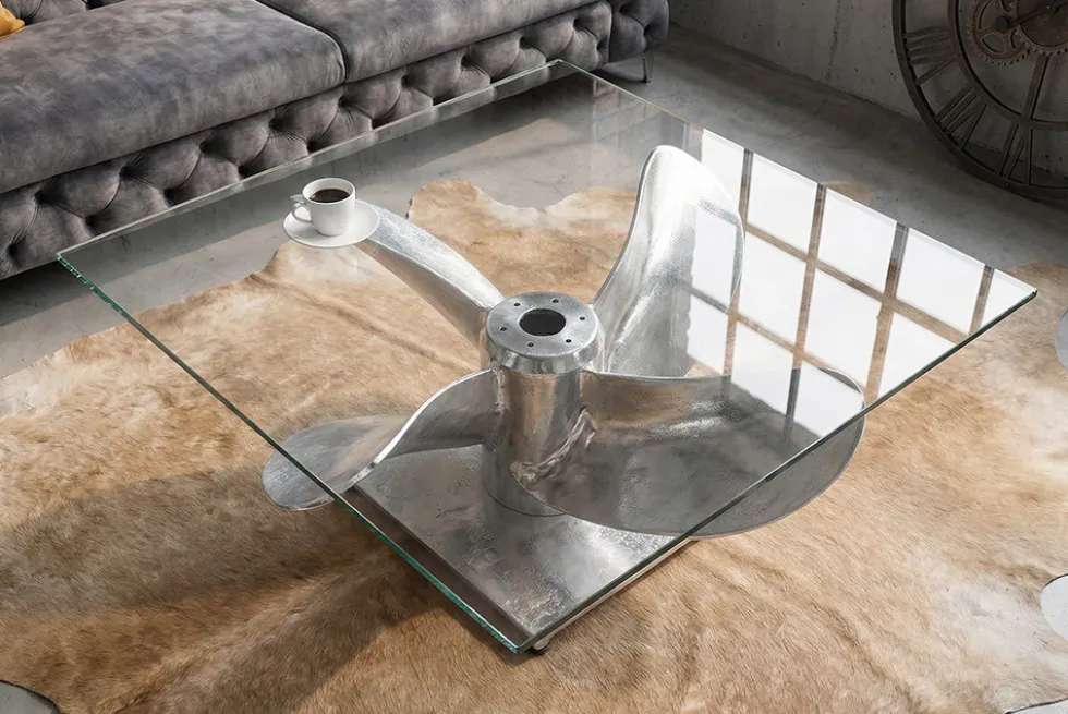 Maritimer Couchtisch OCEAN L 85cm silber antik Schiffsschraube mit Glasplatte