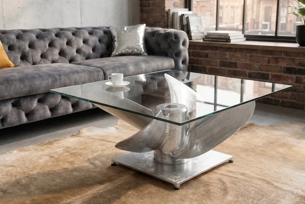 Maritimer Couchtisch OCEAN L 85cm silber antik Schiffsschraube mit Glasplatte