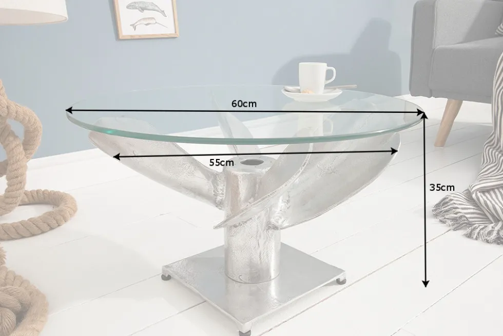 Maritimer Couchtisch OCEAN M 60cm silber antik rund Schiffsschraube Glasplatte