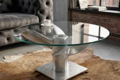 Maritimer Couchtisch OCEAN M 60cm silber antik rund Schiffsschraube Glasplatte