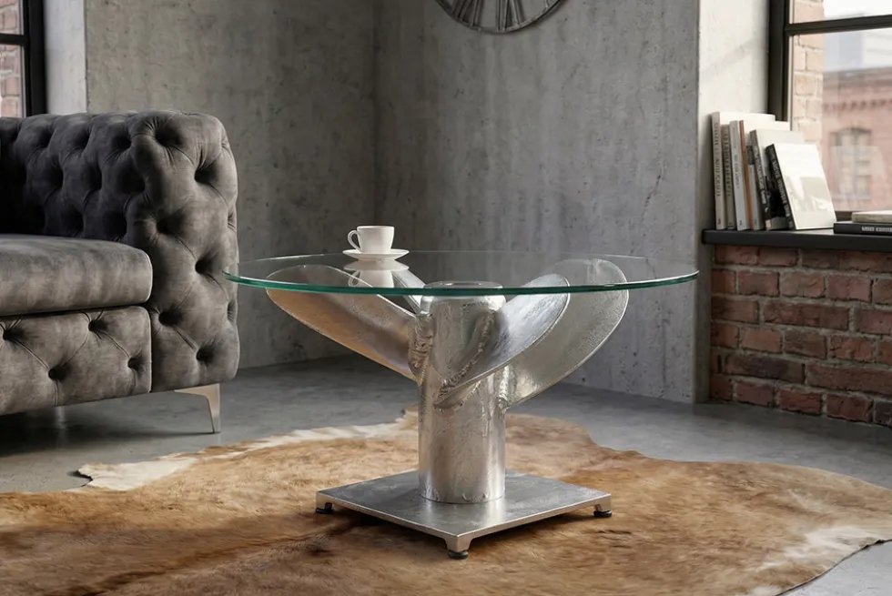 Maritimer Couchtisch OCEAN M 60cm silber antik rund Schiffsschraube Glasplatte