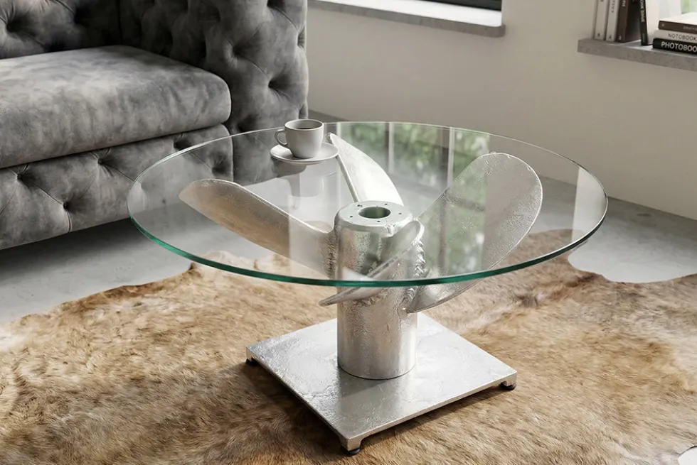 Maritimer Couchtisch OCEAN M 60cm silber antik rund Schiffsschraube Glasplatte