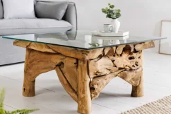 Maritimer Couchtisch RIVERSIDE 80cm natur Teakholz massiv Glasplatte Handarbeit