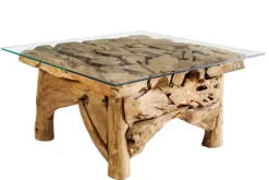 Maritimer Couchtisch RIVERSIDE 80cm natur Teakholz massiv Glasplatte Handarbeit