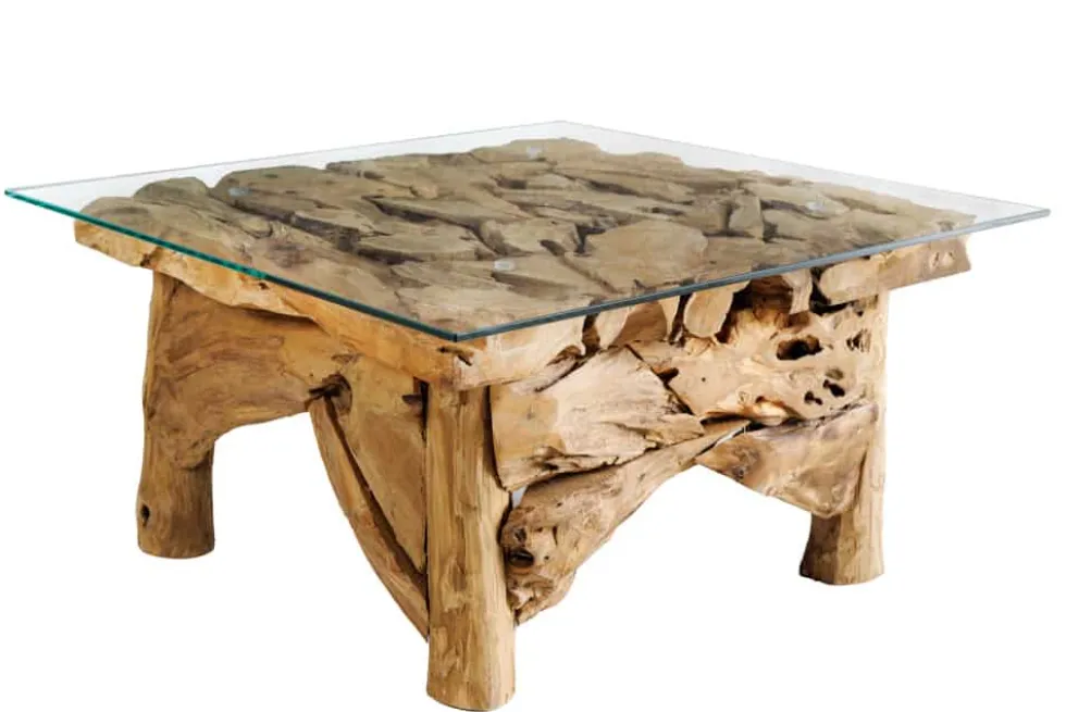 Maritimer Couchtisch RIVERSIDE 80cm natur Teakholz massiv Glasplatte Handarbeit