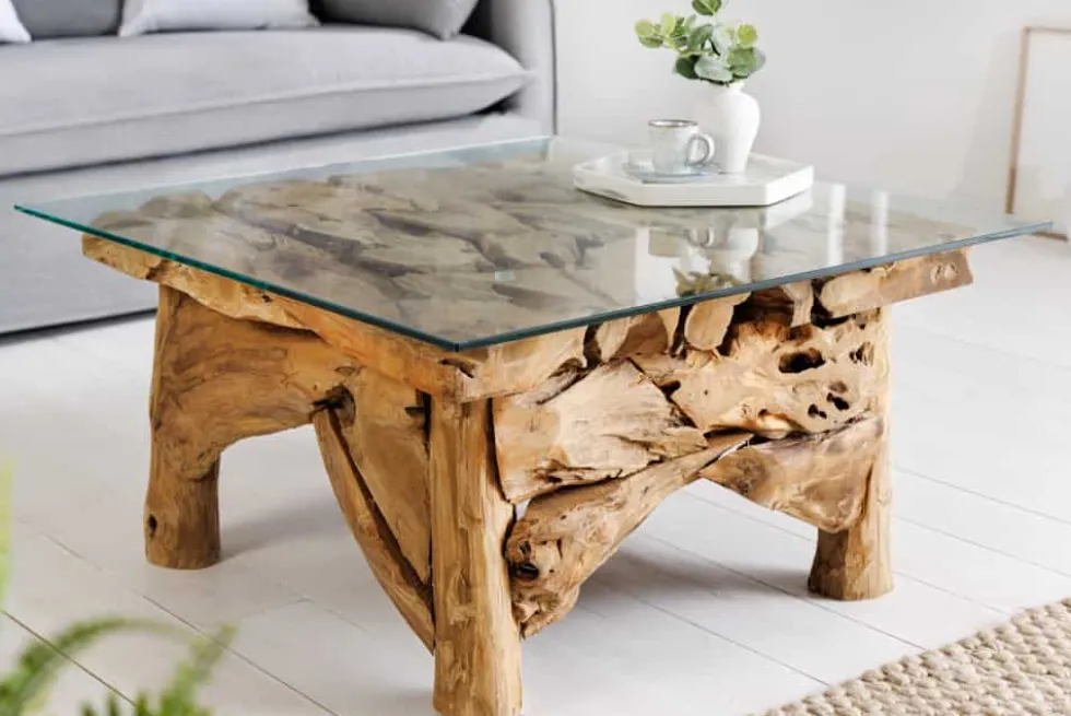 Maritimer Couchtisch RIVERSIDE 80cm natur Teakholz massiv Glasplatte Handarbeit